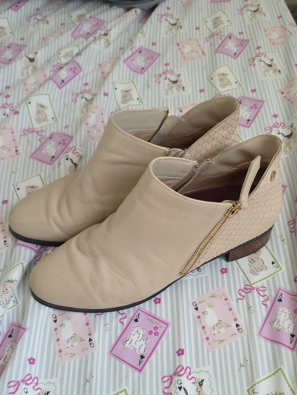 Women's Beige Ankle Booties with Side Zip and Textured Heel